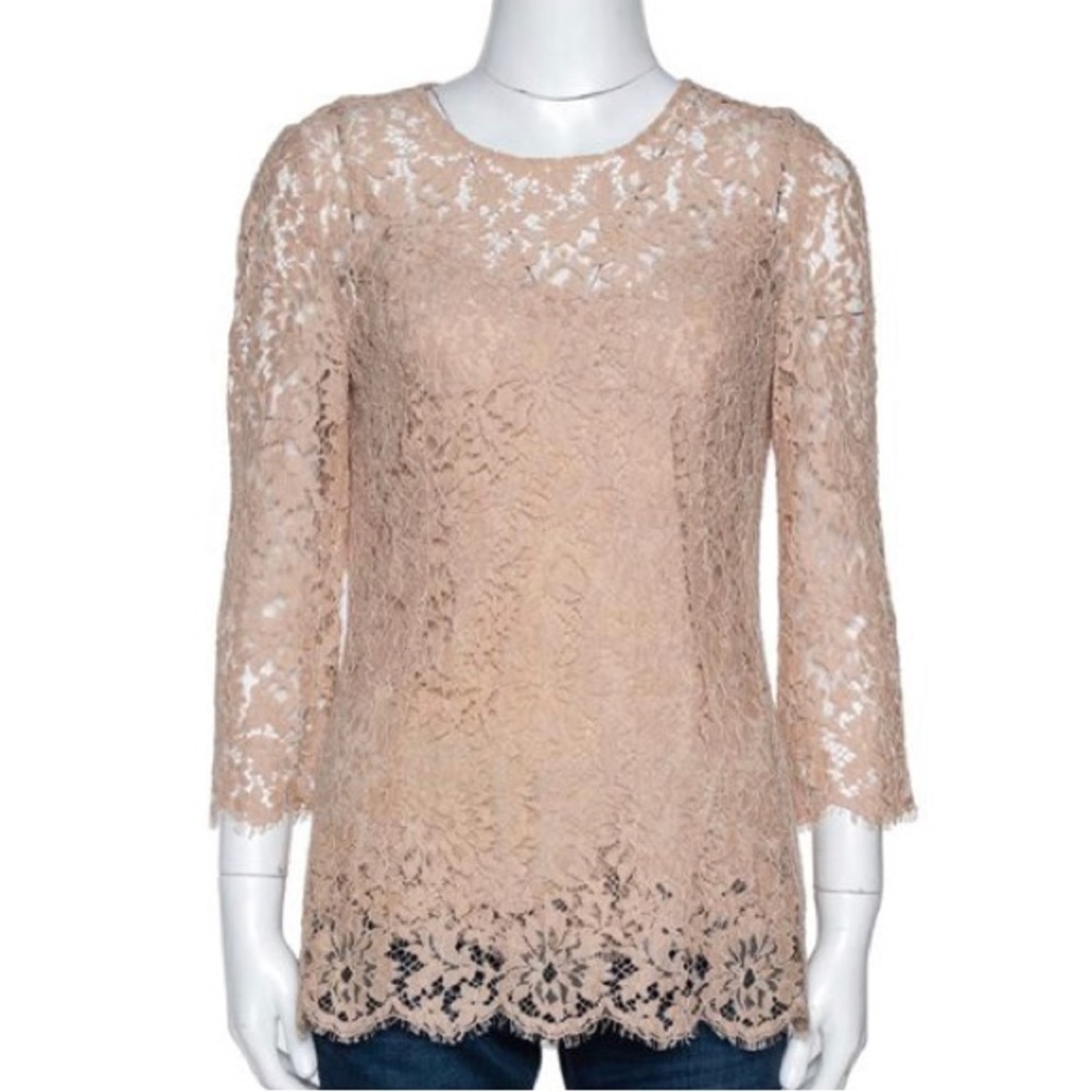 Dolce & Gabbana Floral Lace Scalloped Long Sleeve Blouse With Attached Camisole